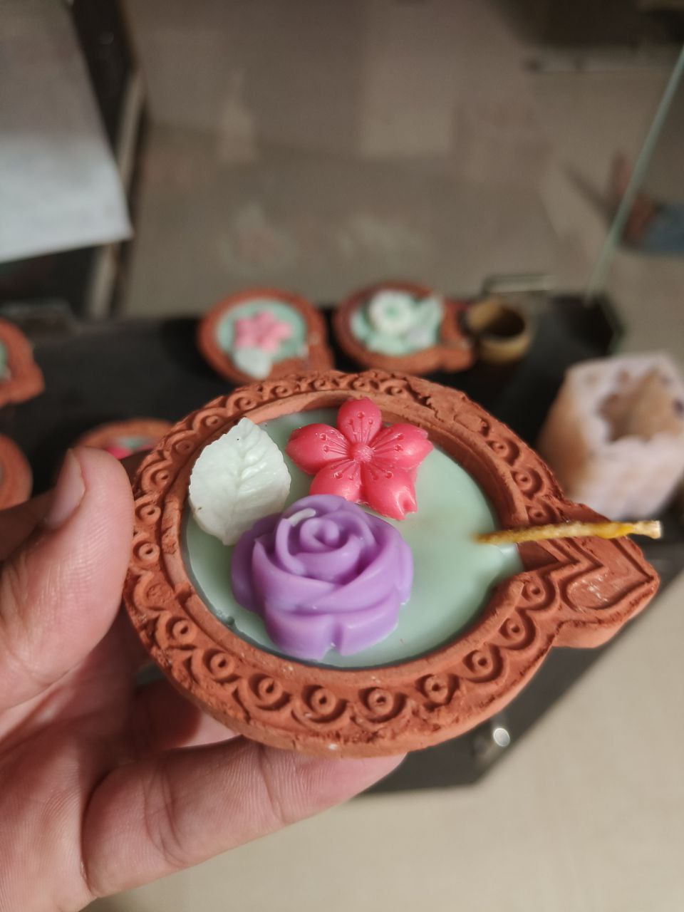 Handmade Floral Terracotta Diya Candle Set | Organic Soy Wax | Traditional Indian Festival Decor for Diwali | Scented Home & Spiritual Gift