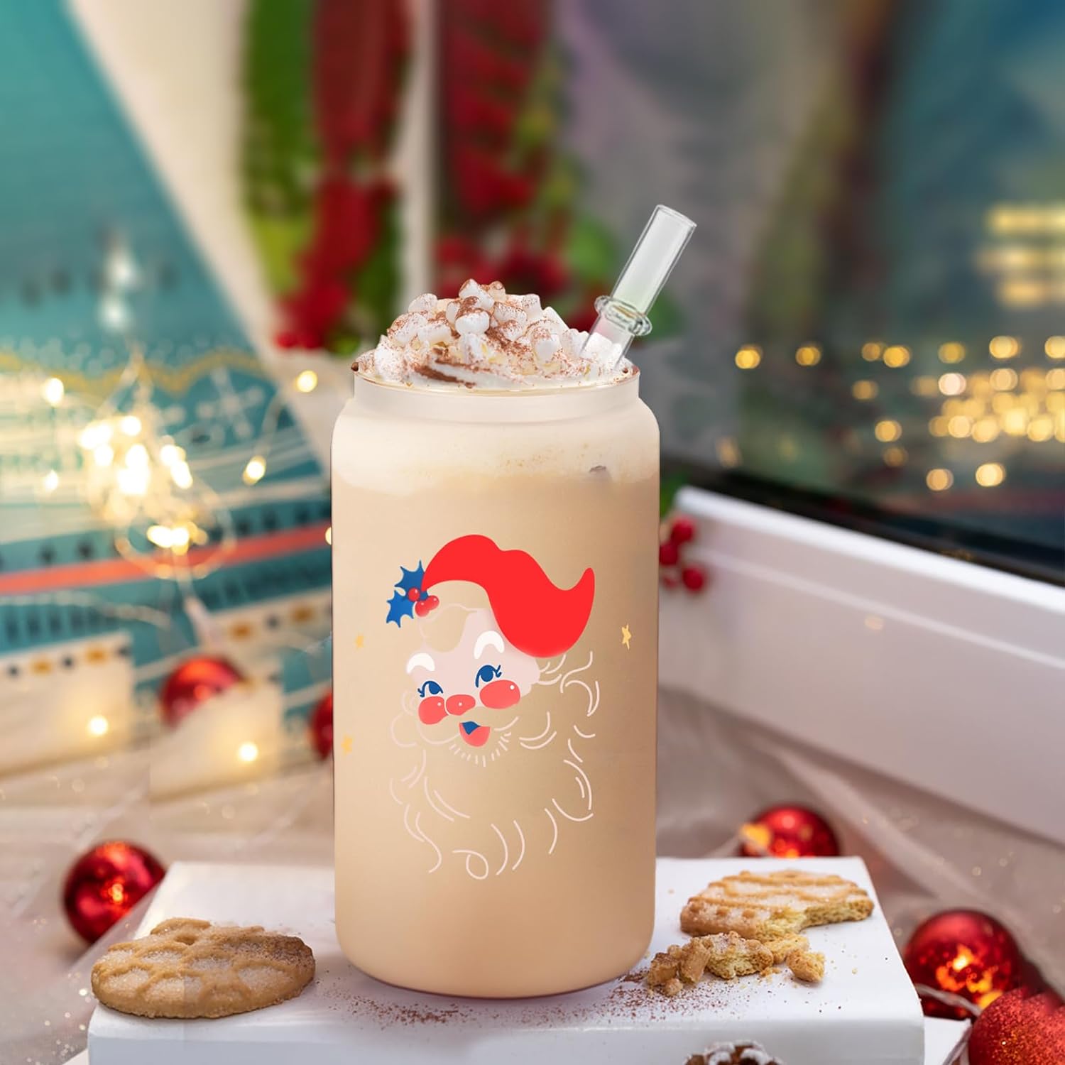 santa christmas glass mug with bamboo lid