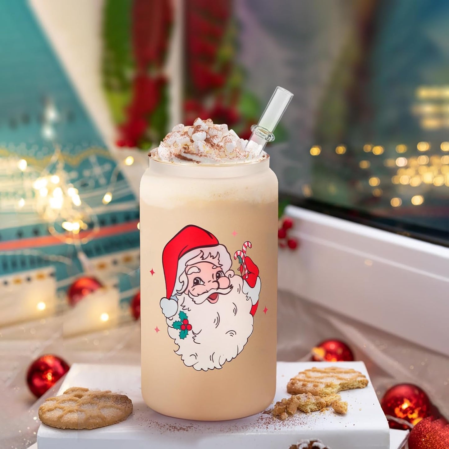 santa christmas glass tumbler with bamboo lid