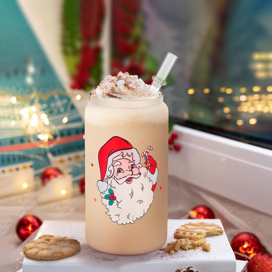 santa christmas glass tumbler with bamboo lid