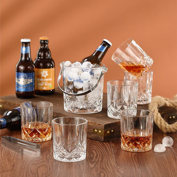 whiskey glass set with ice bucket