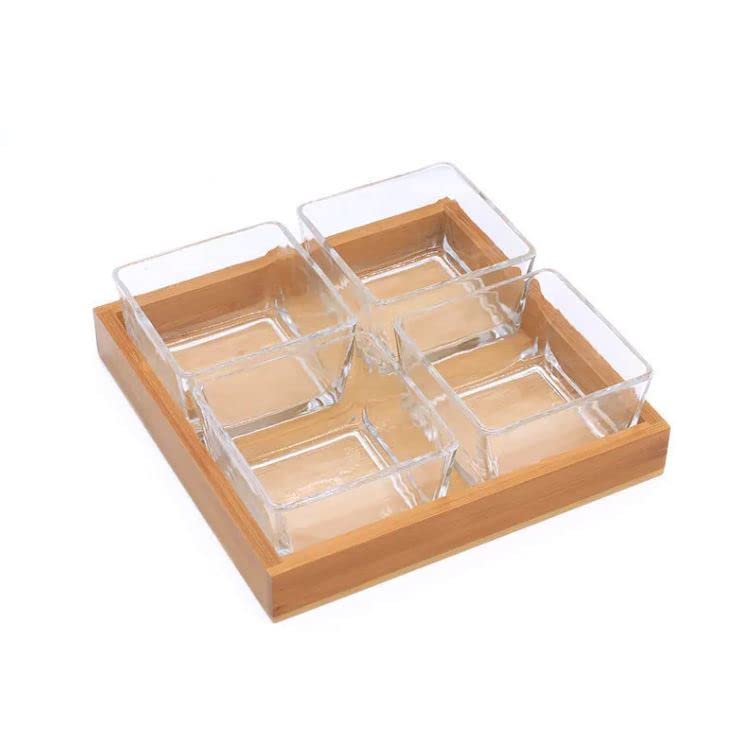 Kitchen Glass Dry Fruit Bowl with Wooden Tray for Serving Chocolates, Snacks, Pickle, Dessert, Mukhwas Candy Bowl Perfect for Dining Table Decoration