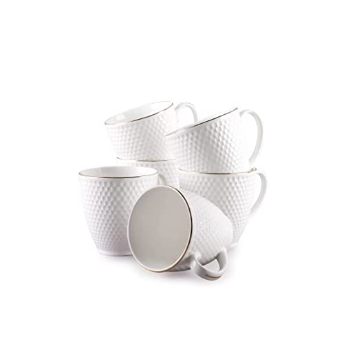 Omega Impression Ceramic Gold Line Coffee Mugs/ Tea Cups Set of 6 Pieces, 200ml, White