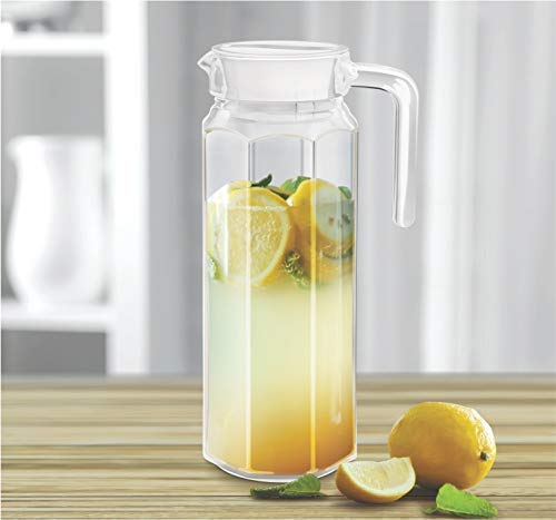 Premium Water and Juice Glass Jug Pitcher with lid, Hot Cold Water Pitcher Water Jug, Iced Tea, Milk and Juice Beverage Carafe, Lemon Jug [1.1 LTR, Pack of 01]