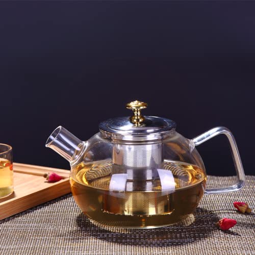 Liter Glass Kettle/Teapot with Stainless Steel Infuser & Lid, Borosilicate Glass Tea Kettle Stove-top Safe, Blooming & Loose Leaf Teapot