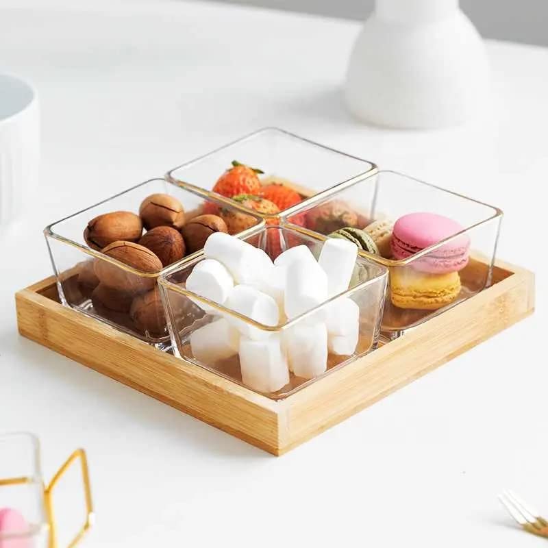 Kitchen Glass Dry Fruit Bowl with Wooden Tray for Serving Chocolates, Snacks, Pickle, Dessert, Mukhwas Candy Bowl Perfect for Dining Table Decoration