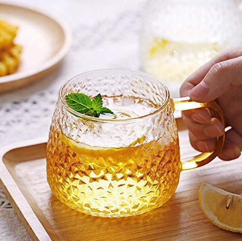 Tea and Coffee Cup Glass Mug, Used for Tea, Coffee, Green Tea, Lemon Tea Cup with Handle Golden (410ml, Set of 2)