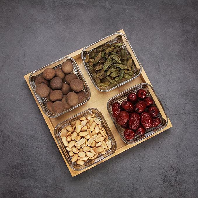 Kitchen Glass Dry Fruit Bowl with Wooden Tray for Serving Chocolates, Snacks, Pickle, Dessert, Mukhwas Candy Bowl Perfect for Dining Table Decoration