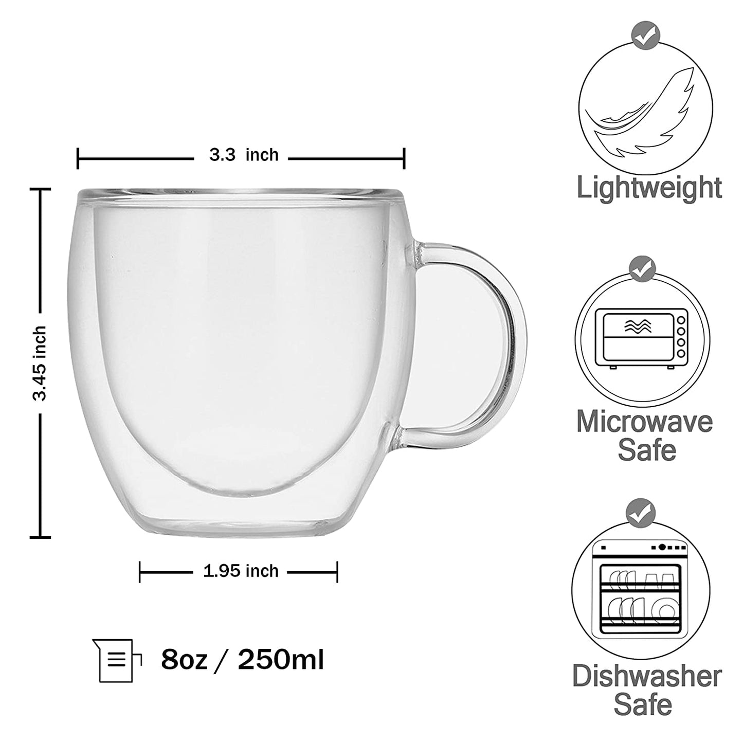 Double Walled Insulated Glass Coffee Mugs Set of 2, Double Layer Tea Cups with Handle for Latte, Cappuccino, Espresso, Iced Tea(250ml)