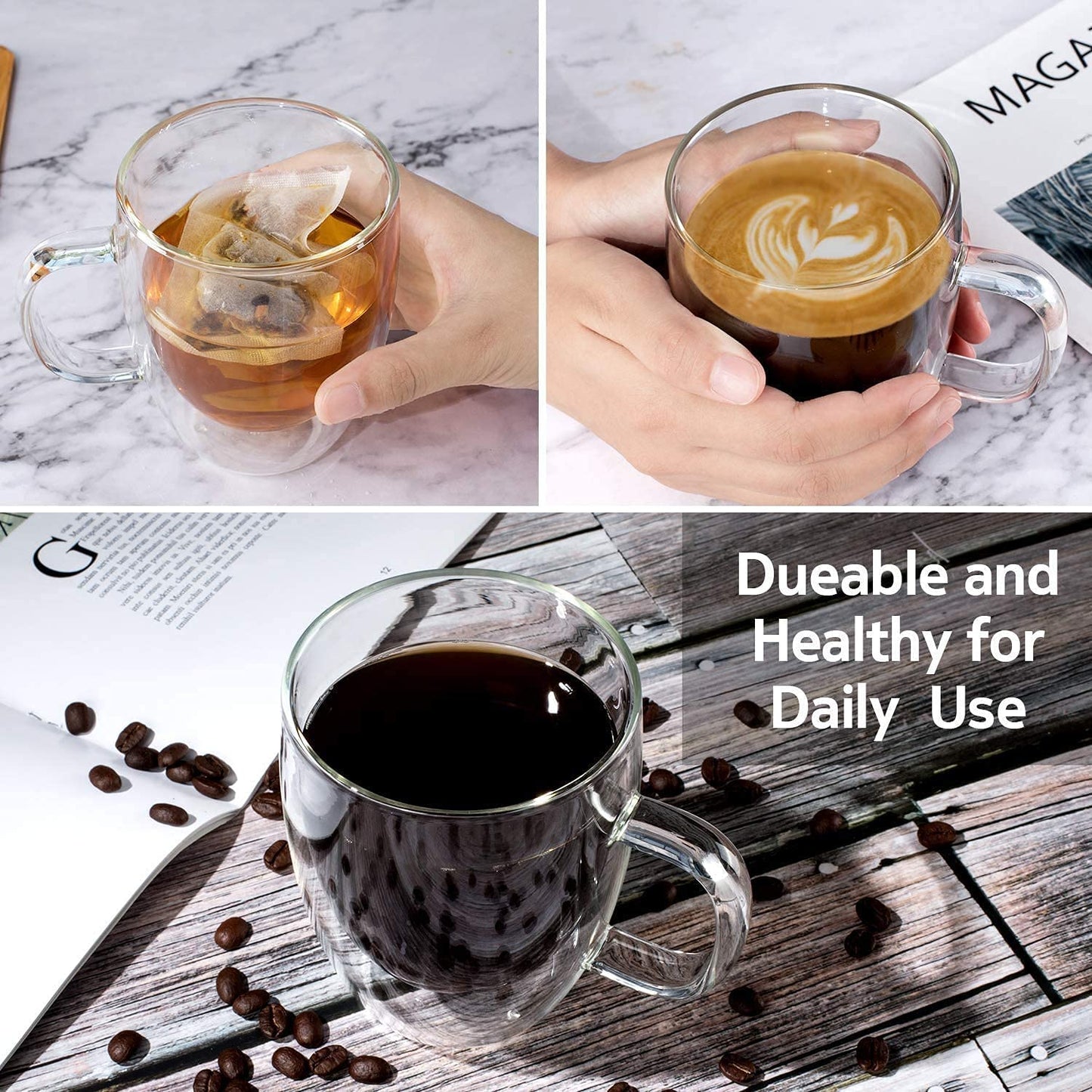 Double Walled Insulated Glass Coffee Mugs Set of 2, Double Layer Tea Cups with Handle for Latte, Cappuccino, Espresso, Iced Tea(250ml)