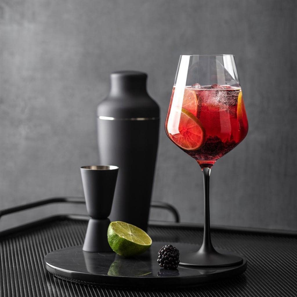 crystal wine glass with black stem