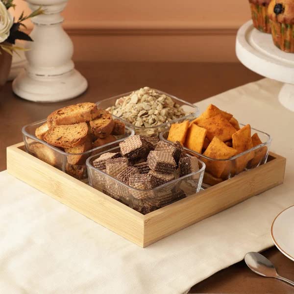 glass dry fruit bowl with wooden tray chalbhai