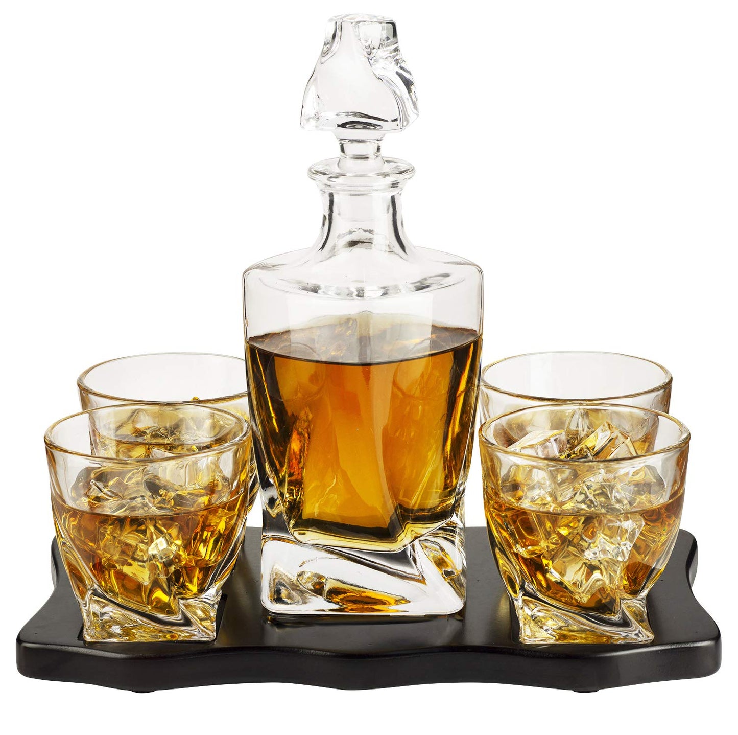 whiskey decanter with wooden tray