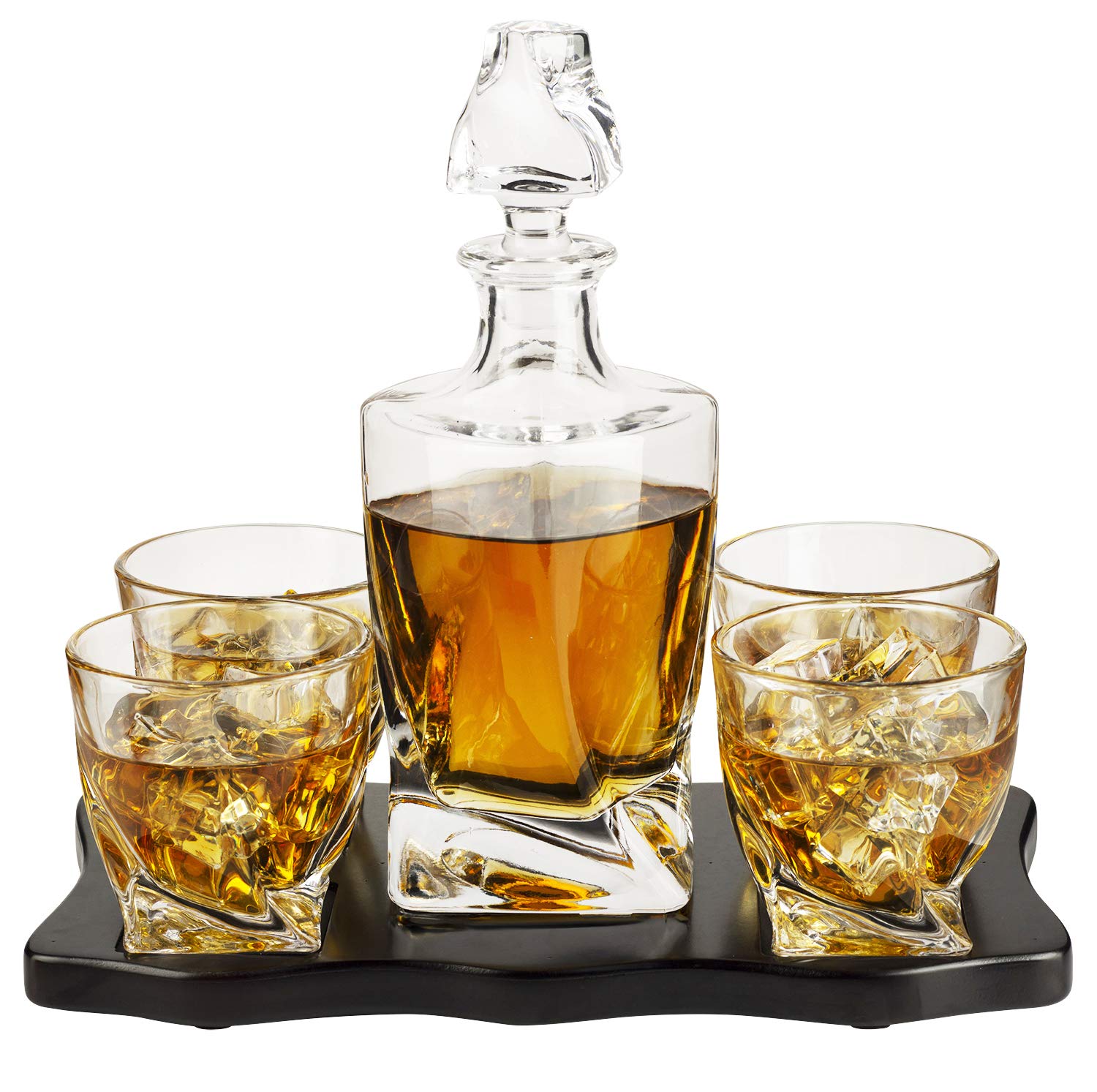 whiskey decanter with wooden tray